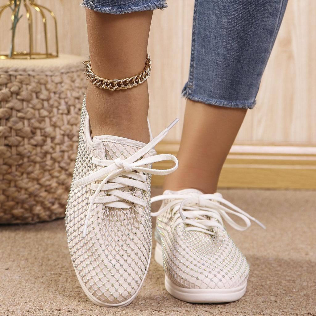 Foreign trade large size women's shoes 2024 autumn rhinestone casual front lace-up sports single shoes women's shallow mouth pointed single shoes