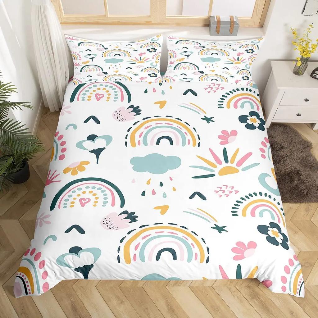 Comforter Rainbow Heart Love Bedding Set Microfiber Colorful Rainbow Clouds Comforter Twin King Size For Kids Girls