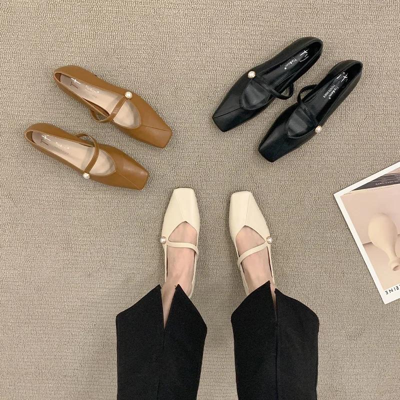 Fashion Woman Flat Shoes 2025 Autumn New Flat Bottomed Pearl Square Toe Comfortable Banquet Design Mary Jane Women's Shoes Zapatos Mujer
