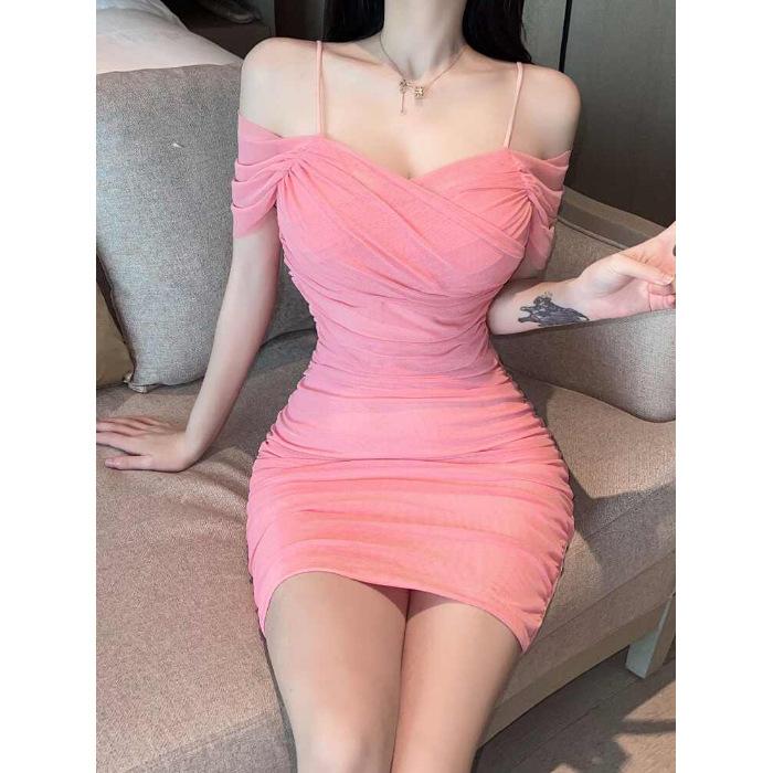 Nightclub work clothes, women's sexy mesh spaghetti strap dress, pleated off-shoulder, figure-hugging short skirt