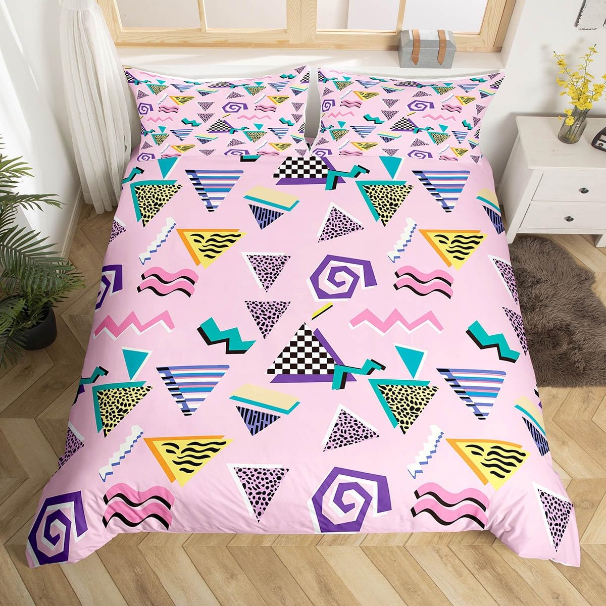 Memphis Geometric Duvet Cover Twin King,Retro Style Round Triangle Shapes Quilt Cover Colorful Graphic 80S 90S Style Bedding Set EU Single(135x200cm)