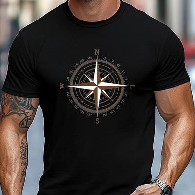 Herren Bordeauxfarbenes Lässiges Kurzarm-T-Shirt mit Weißem Kompassrosen-Grafik Regular Fit Rundhalsausschnitt Ganzjahreskomfort Herrenbekleidung