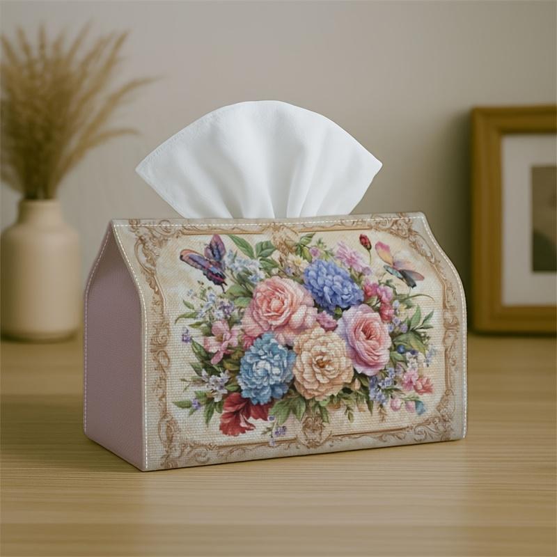 1pc Victorian Bouquet Framed Tissue Box with Traditional Flower Painting - Elegant Vintage Tissue Dispenser & Napkin Holder, Fabric Cover for Kitchen,