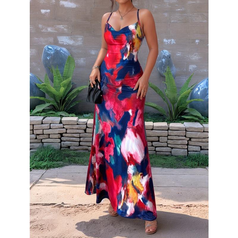2026 Sleeveless Abstract Printed Spaghetti Strap Dress Women's Cross Backless A-line Holiday Maxi Dress Cowl Neck Cross Back Casual Clothing
