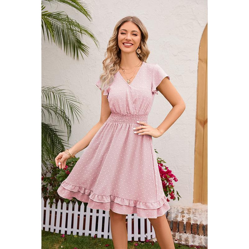 Women's V-Neck Waist Belt Short Sleeve Dress Casual Summer Slimming A-Line Flowy Midi
