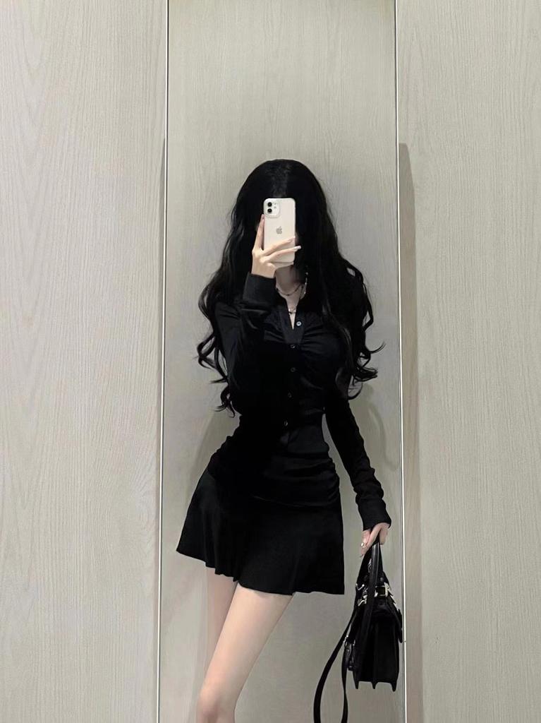 Pure waist pleated short shirt dress women's autumn American sports style polo collar waist age-reducing umbrella skirt