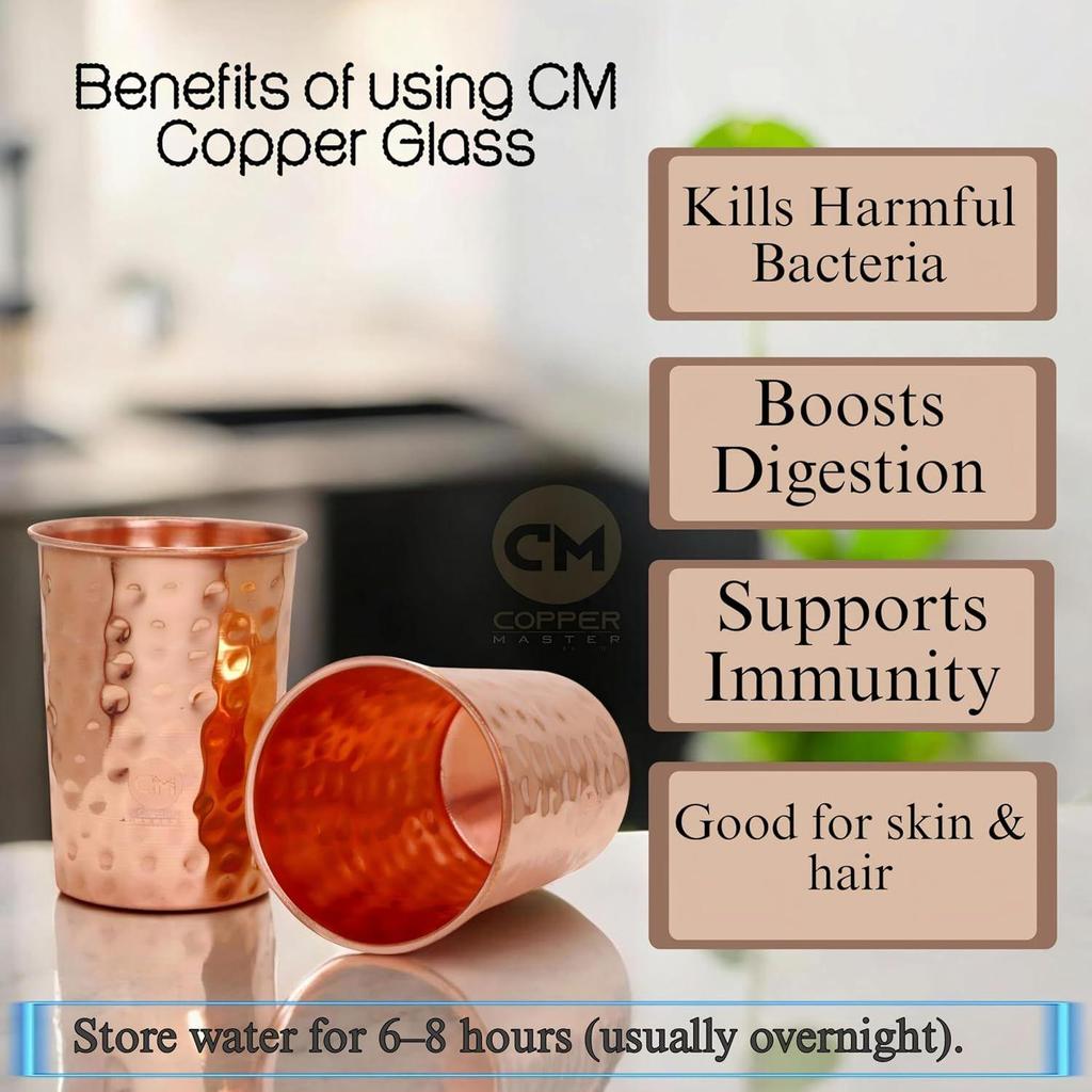 Pure Copper Glass Tumbler Food Grade Copper Ayurvedic Health Benefits Handmade Drinkware for Water Juice and Detox Drinks (Set of 2)