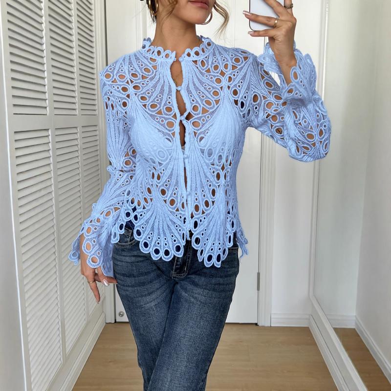 2026 Autumn New Lace Hollow Out Solid Color Top Fashionable Casual Long Sleeve Shirt for Women