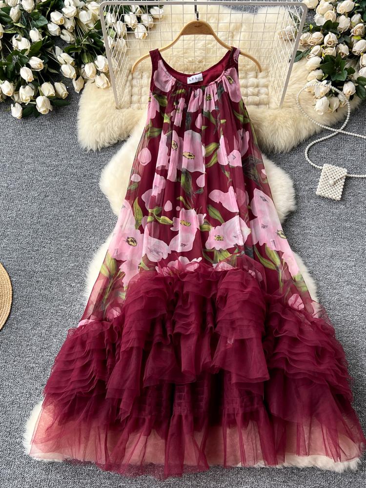 French Princess Vintage Print Dress Women O-Neck Strap Mesh Splice Irregular Ruffles Dress Female Beach Fashion Ball Gown New
