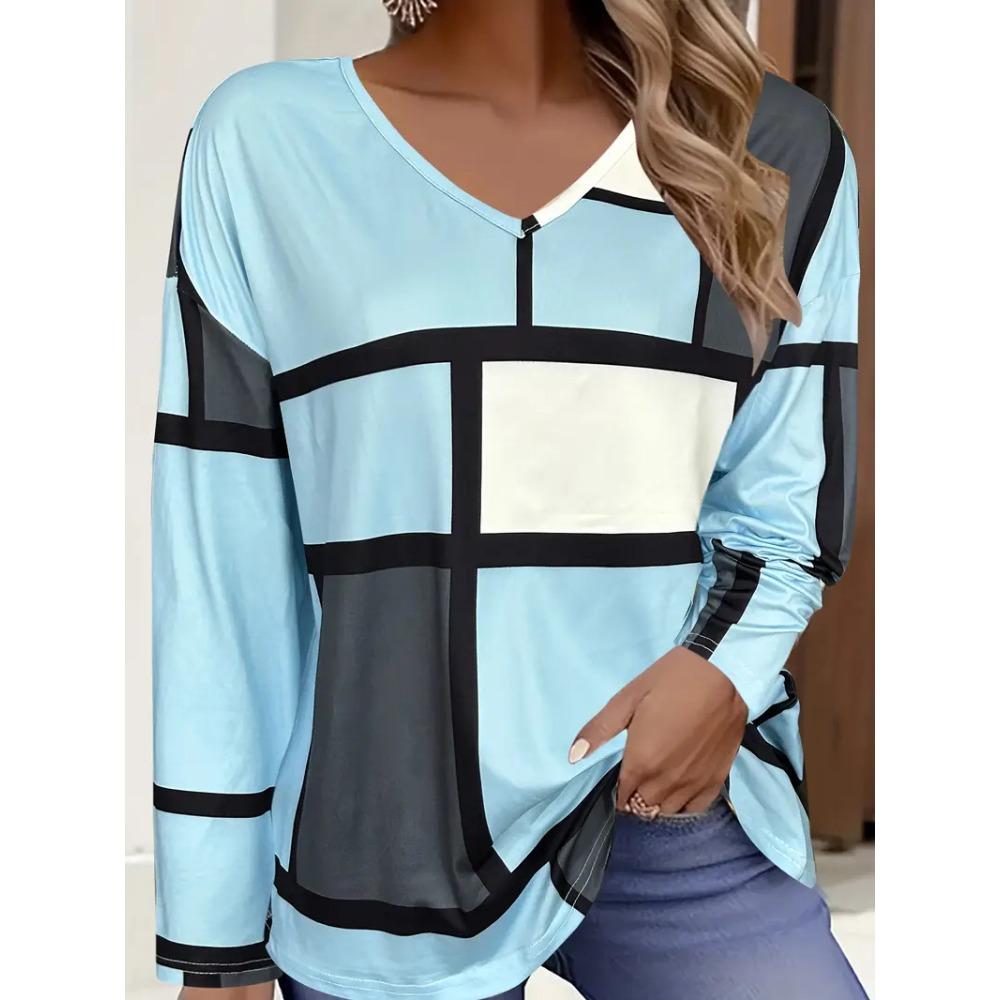 Spring Autumn Fashion Comfortable Soft V-neck Long Sleeve T-shirt Creative Geometric Figure Loose Casual Women Versatile 3D Printed T-shirt
