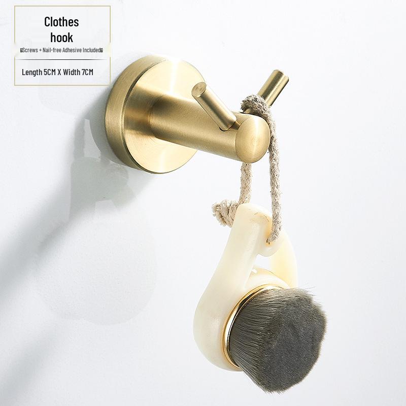 

Brushed Gold Stainless Steel Bathroom Set: Towel Rack, Toilet Paper Holder, Storage Shelf & Clothes Hook - No Drilling Required.
