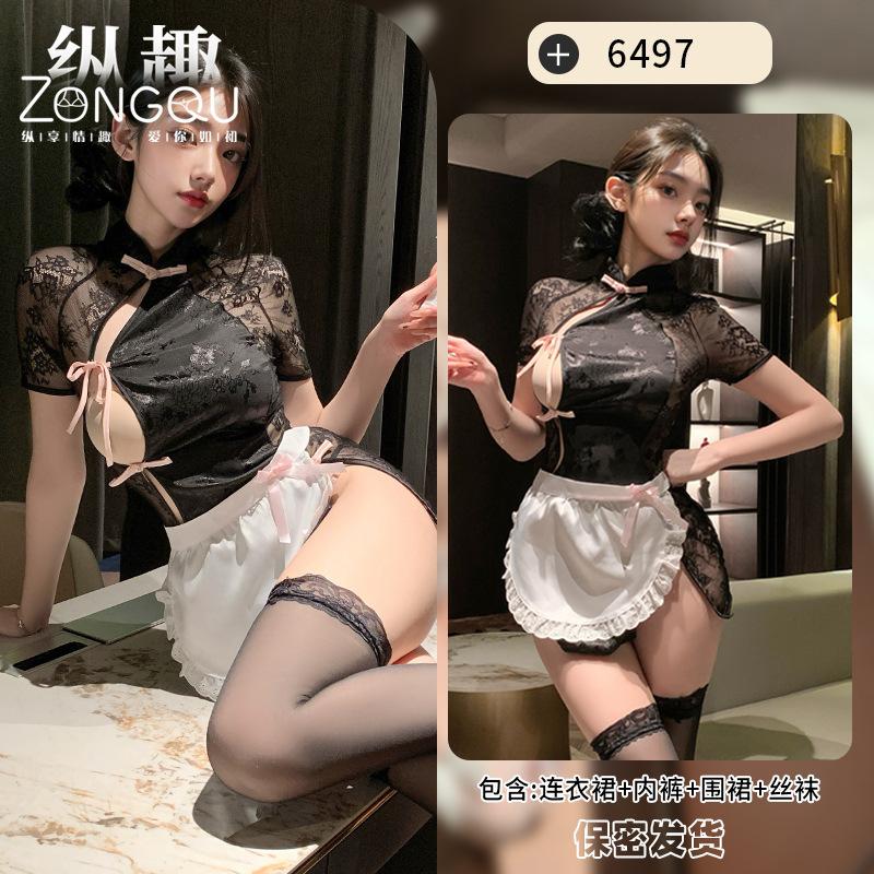 New Sexy Cheongsam Uniform Temptation Lace Slit Dress Elegant Bow Sweet Mini Dress Mesh Lace Sheer Hot Sexy Women Tops 677N