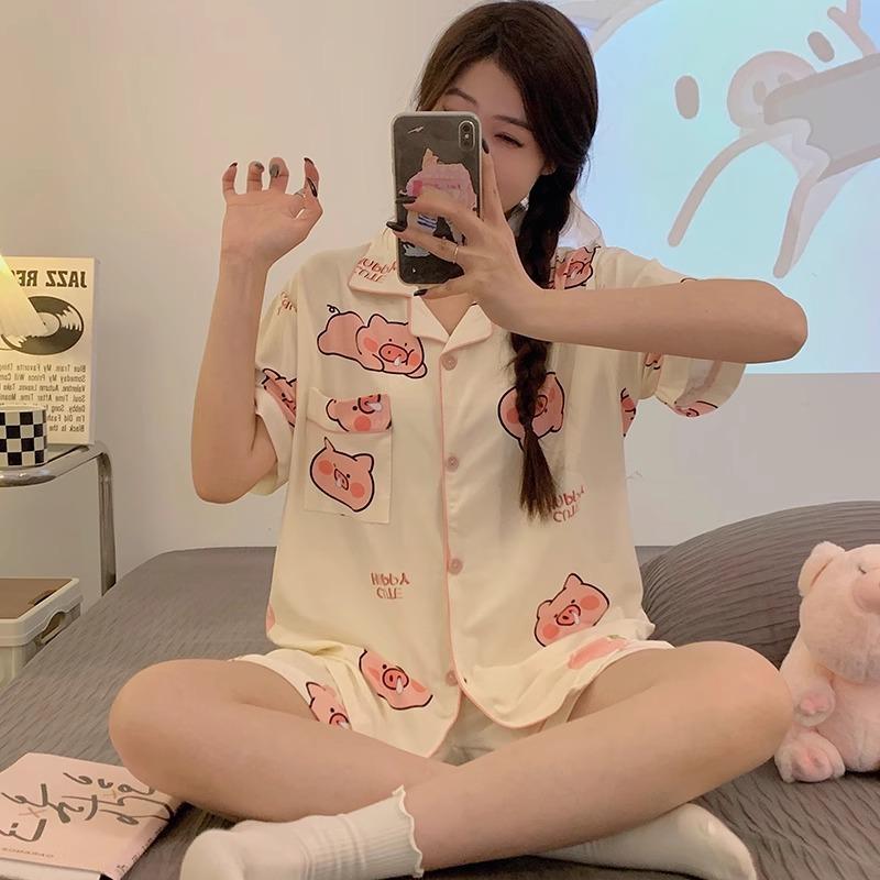 Can Wear Pajamas Women's Summer Cute Cartoon Bear Cotton Short-sleeved Cardigan Loungewear Women's Suit
