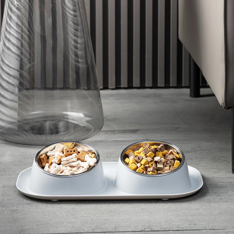 Základní sada misek na jídlo a vodu pro psy a kočky, 2 vyjímatelné nerezové krmné misky s protiskluzovým plastovým stojanem odolným proti úniku