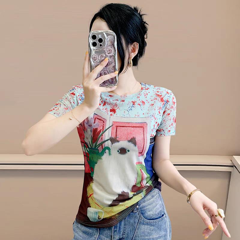 Chic Short Sleeve Women's T-Shirts Clothes Fashion Elastic Slim Summer Tops Classic Print Casual Tees Blouse