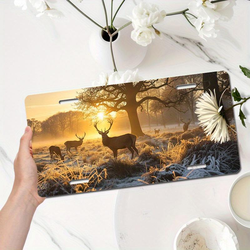 

D Flat Sunset Deer Herd Forest Landscape Aluminum Tin Painting License Plate Shape Nature Wildlife Scenery Themed Metal Wall A 15x30cm(5.9x7.8inch)