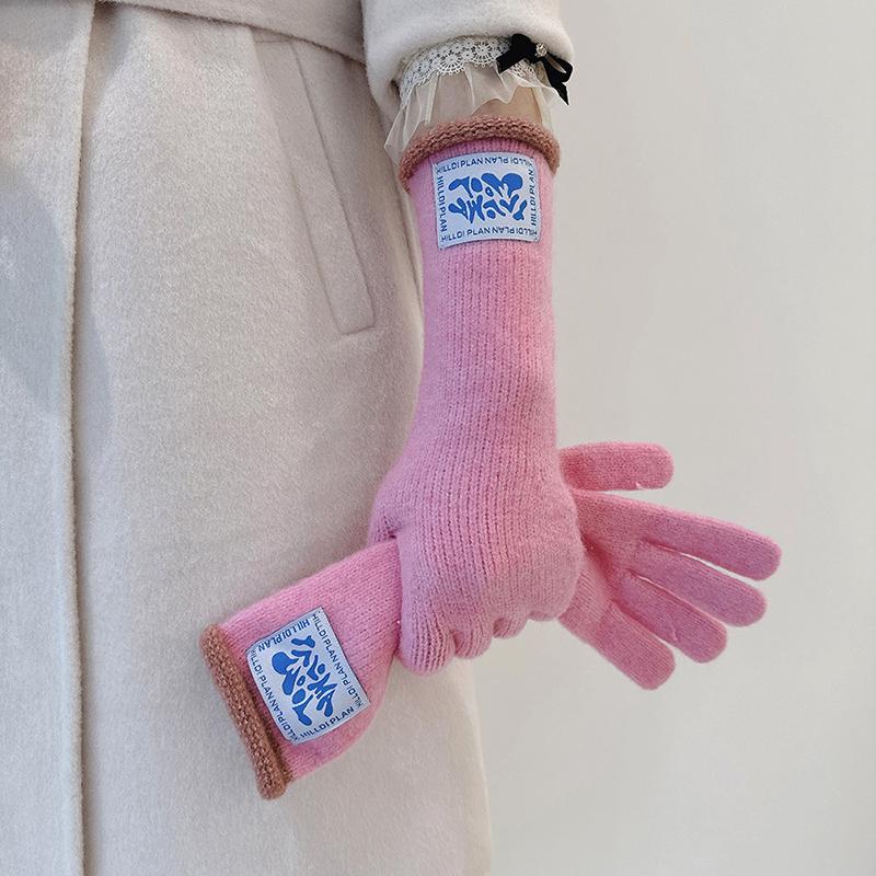 Winter Contains Wool Playful Touchscreen Design Gift Thickened Warmth Colorblock Comfortable Long Gloves Versatile Multi-Color