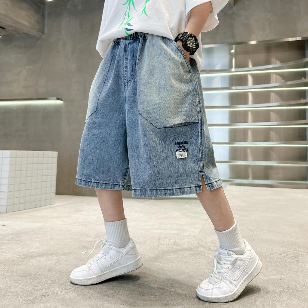 Tween Boy Casual Denim Shorts for Summer Kids Vintage Capris Denim Pants Teens Child Loose Style Knee Length Jeans 5-14Y