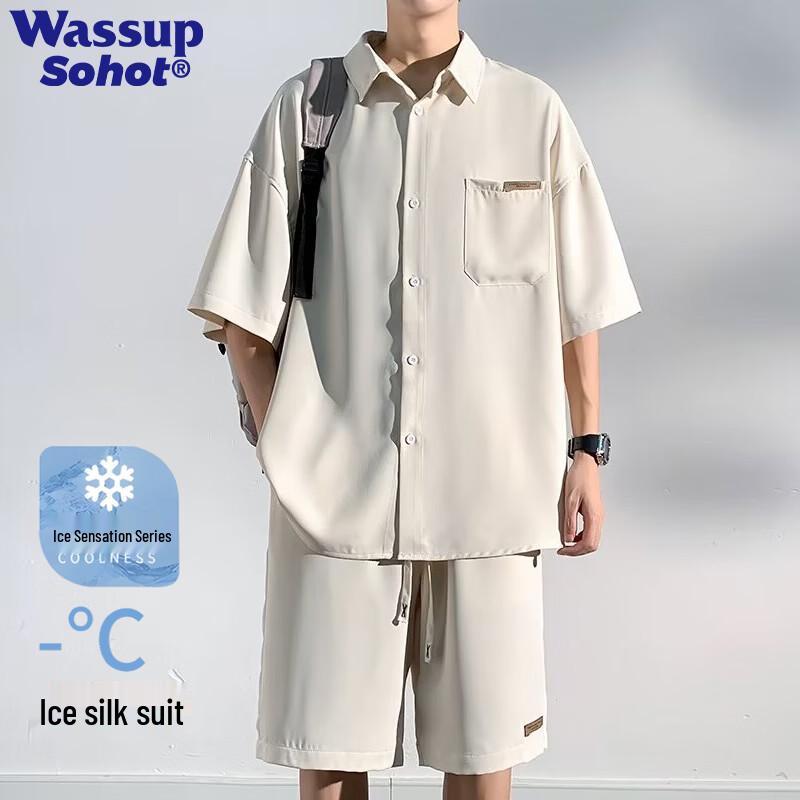 

Wassup Sohot Men s Ice Silk Geometric Shirt & Shorts Set 3XL