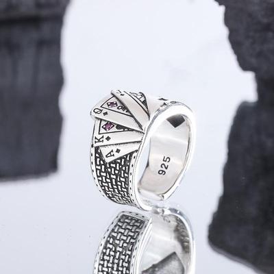 1pc Vintage Straight Flush Playing Cards Rings for Women Mens Aged Diamond-set Squares Wide Jewelry Gift Party Accessories