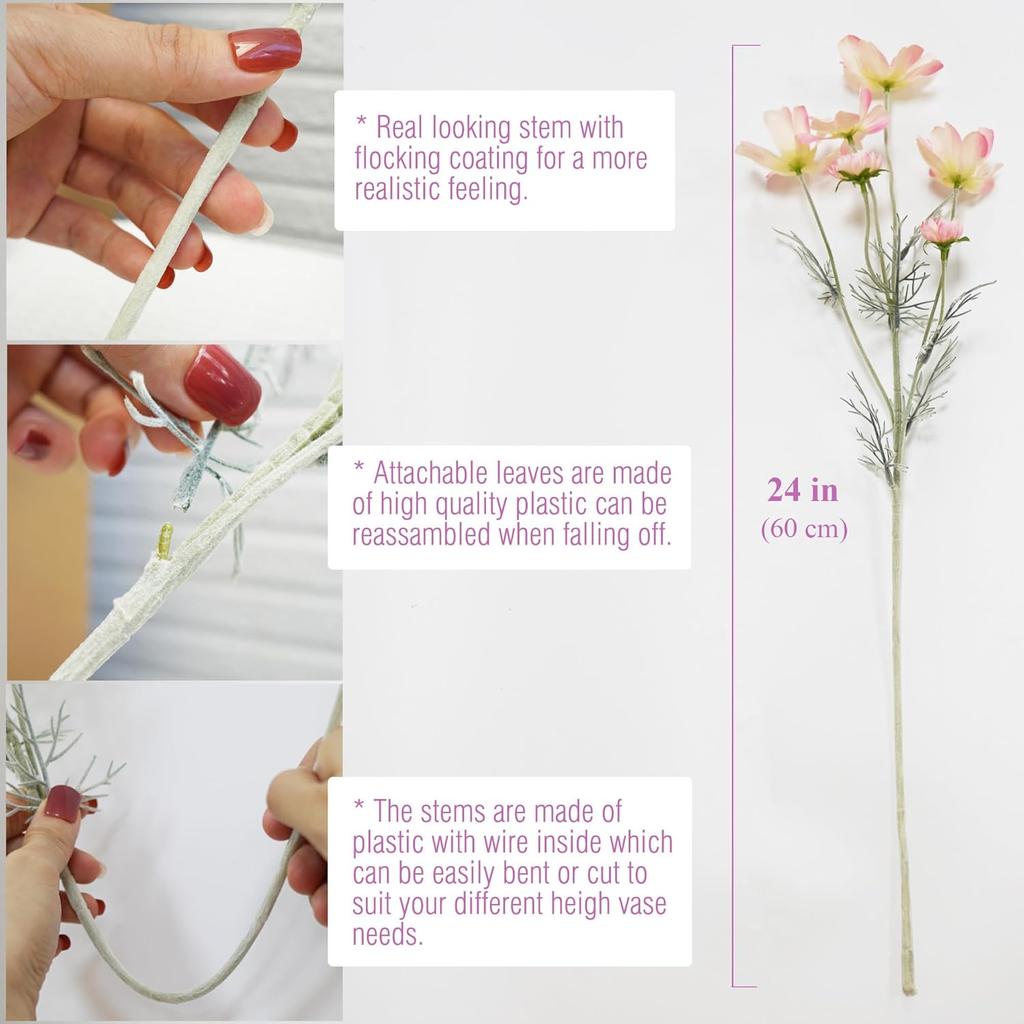 12PCS Artificial Light Pink & White Flowers with Stems 60cm Long Stem Artificial Wildflowers Faux Cosmos Flowers for Vase Plastic Flowers Floral