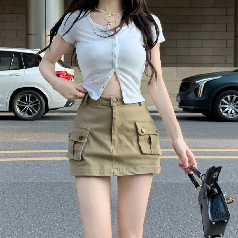 

Women s Khaki Denim A-Line Mini Skirt - Summer Workwear, Anti-Exposure, Slimming Retro Midi Small хаки