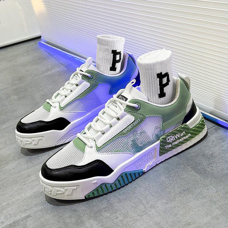 Mesh Breathable Thick Sole Heightening Color Matching Board Shoes College Style Low-Top Sports Shoes Trendy Men'S Shoes