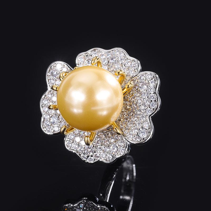 Schmuck Kupferboden Vergoldet Goldintarsien Weiße Perle Licht Staubblatt Diamant-Intarsien Ring 14Mm