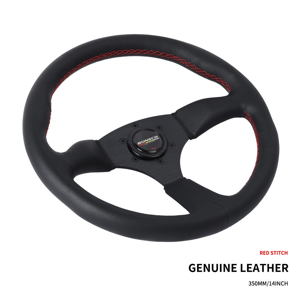 350mm/14Inch Steering Wheel Genuine Leather Drift Car Racing Game Pc Steering Wheel Leather-Red stitch