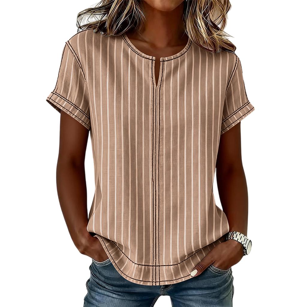 Women's Casual Loose Fit Short Sleeve T-Shirt with Round Neck Vertical Stripe Pattern Comfortable Lightweight Top for Everyday Wear