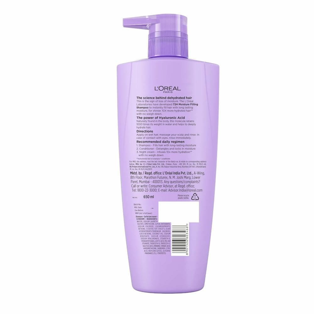 L Oréal Paris Moisture Filling Shampoo, With Hyaluronic Acid, For Dry & Dehydrated Hair, Hyaluron Moisture 72H, 650Ml