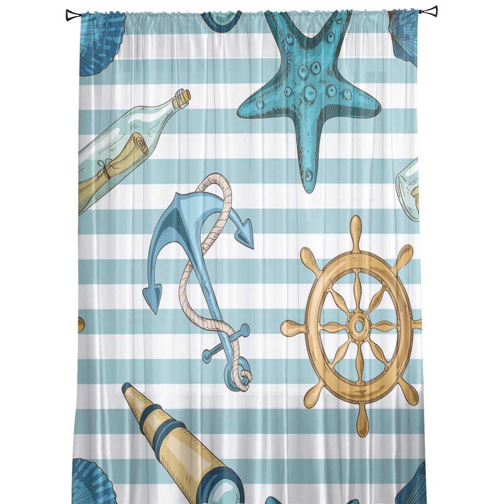 Anker Seestern Streifen Ruder Transparente Tüll Fenstervorhänge für Wohnzimmer Schlafzimmer Küche Schleier Vorhang Heimdekoration