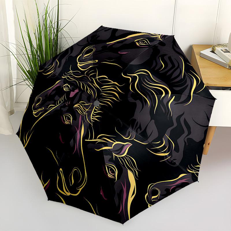 1PC Horse Pattern Automatic Folding Umbrella - Compact 8-Rib Design, Durable Plastic & Iron, Lightweight for Outdoor Daily Use, Festive Gift050