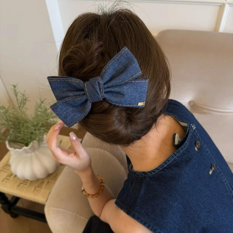 

Fashion Denim Blue Ribbon Bowknot Hair Clips Sweet Elegant Ponytail Hairpins for Women Girls Duckbill Clip Hair Accessories Gift