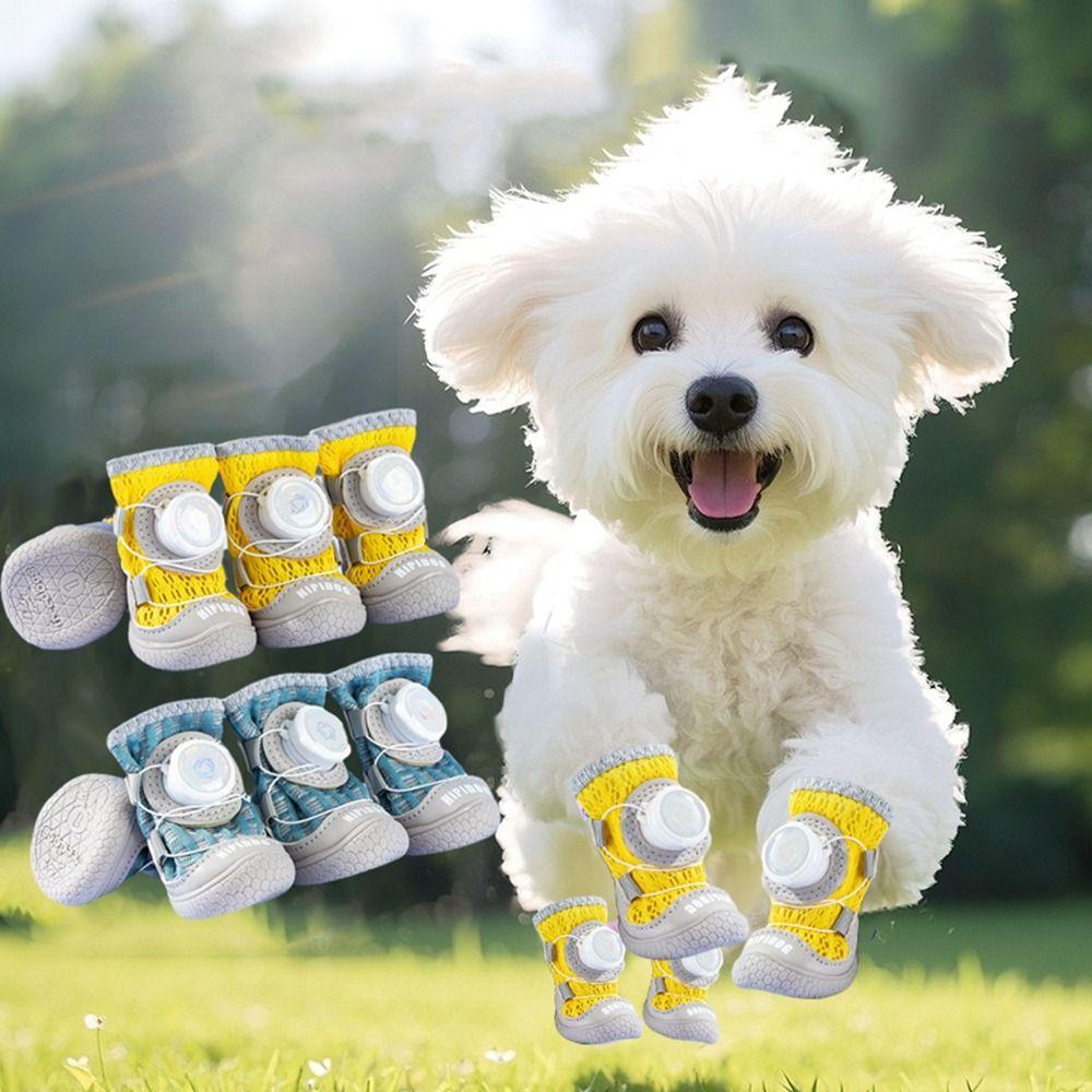 4Pcs/Set Durable Breathable Button Dog Shoes Anti-slip Comfortable Dogs Mesh Shoes Reflective Soft Sole Pet Boots Outdoor