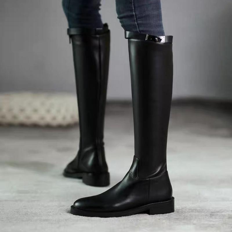 Fashion Black Elegant with Low Heels Pointed Toe Leather Women's Long Boots 2025 Autumn Winter Fleece-Lined Ladies Knee High Shaft Shoes