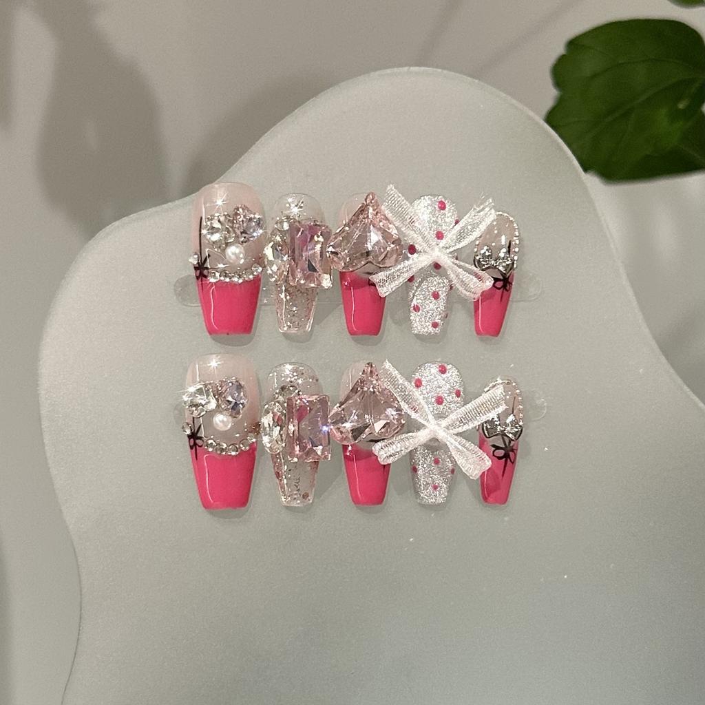 Quick Nails Pink Handmade Wearing Nail Rose Pink French Nail Art Lace Bow Love Big Diamond Wearing Bridal Nail Stickers