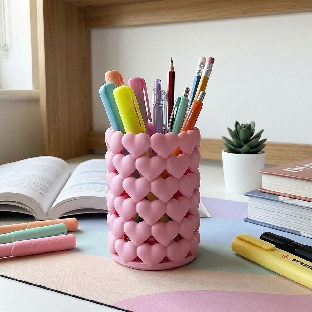 Cute 3D Printed Pencil Cup Hollow Desktop Storage Box Novelty Heart-shaped Pen Holder  Vanity Table