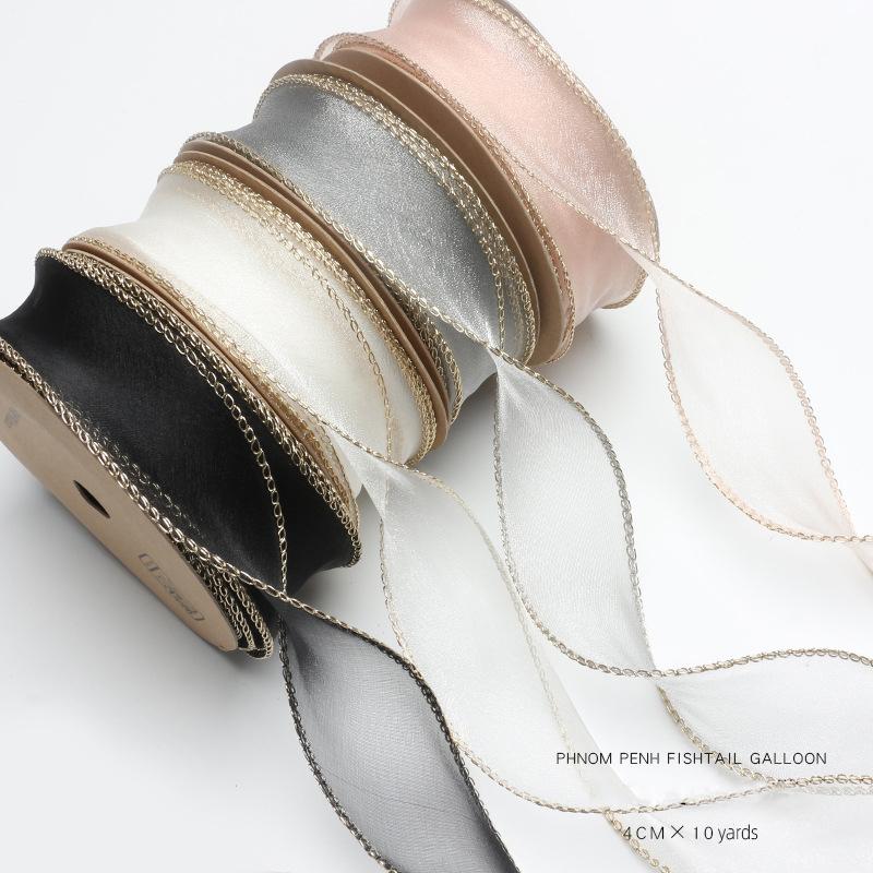 10Yards 40mm Golden Wavy Edge Chiffon Ribbon DIY Accessories Ribbon for Bows Bouquets Gift Wrapping Sewing Clothes Materials