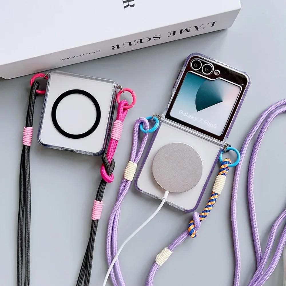 Transparent For Magsafe Magnetic Crossbody Lanyard Phone Case For Samsung Galaxy Z Flip 6 5 4 3 Flip6 Flip5 Flip4 Flip3 5G Cover