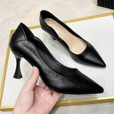 French Small High-heeled Women's Shoes Stiletto New Spring and Summer Professional Dress Black Single Shoes Work Soft Leather Shoes Middle Heel