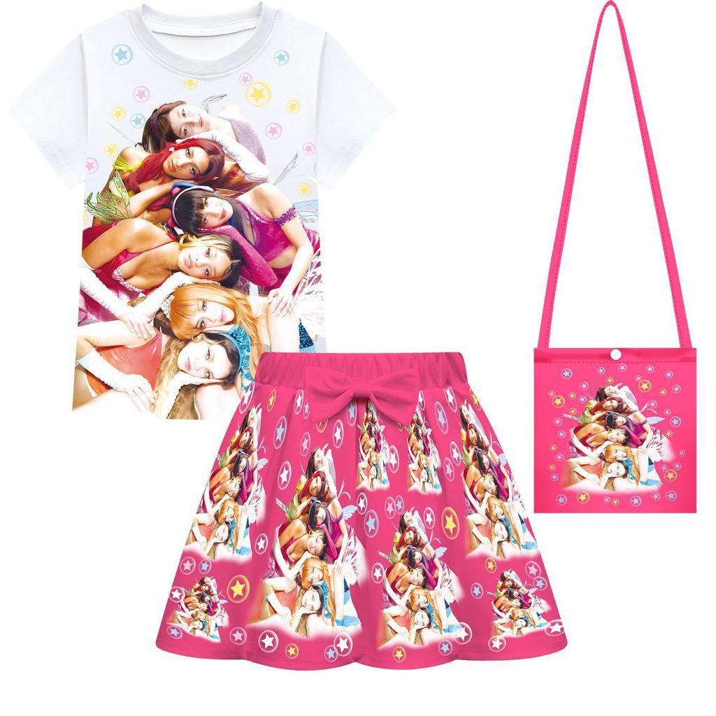 3 Stück/Sets Kinder Mädchen KATSEYE Pop-Sänger Druck Kurzarm T-Shirt Rock Tasche Set