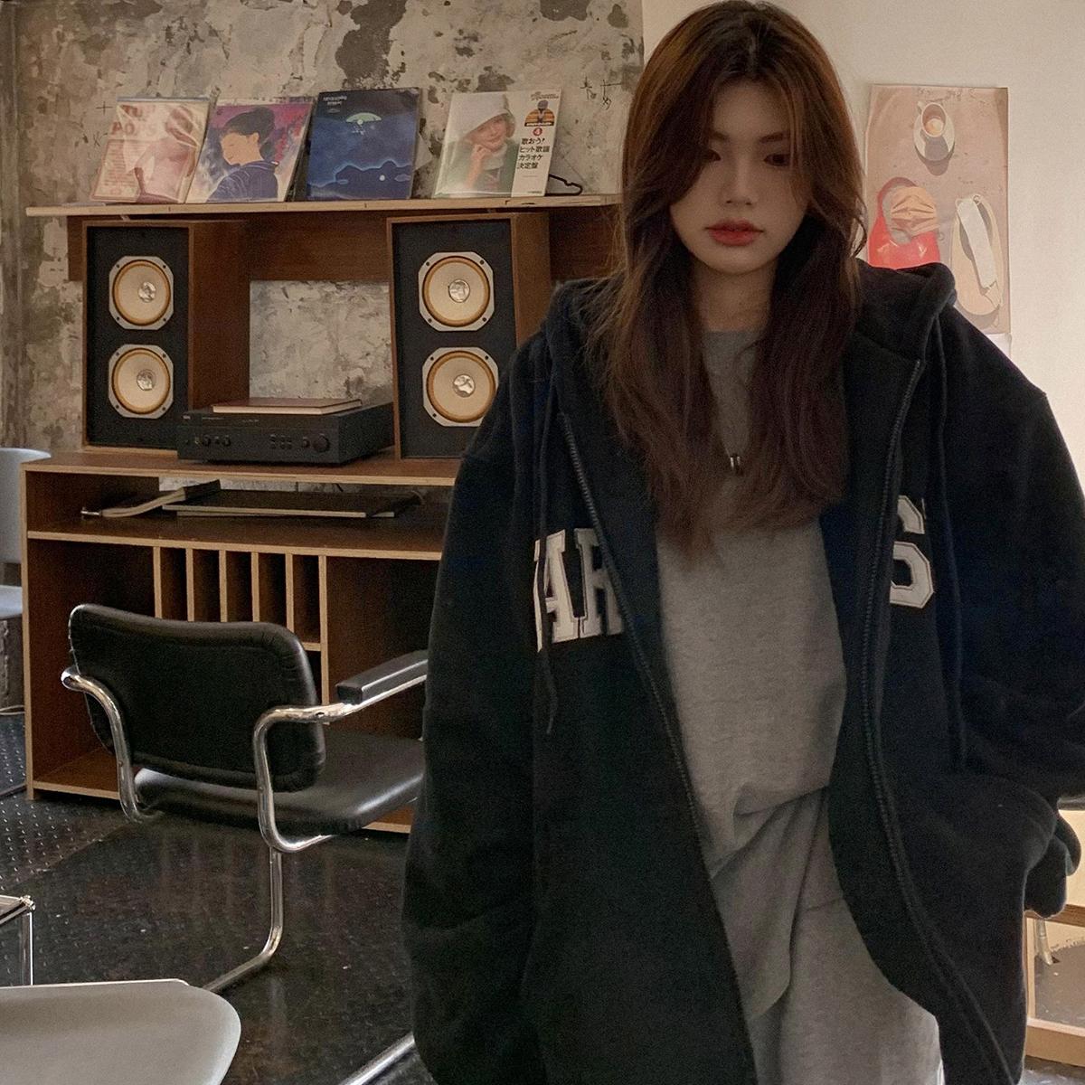 

Новая версия, винтажные толстовки на молнии большого размера, женская уличная одежда, модная толстовка в стиле Харадзюку, одежда с капюшоном, худи с графическим рисунком M чёрный