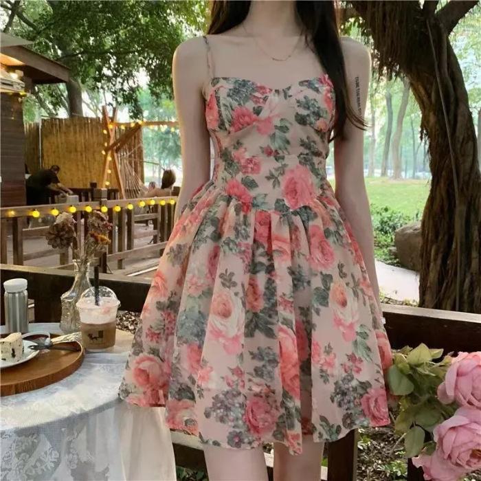 Women's V-Neck Spaghetti Strap Floral Mini Dress High Waist Stretch Slim A-Line Short Sundress Elegant French Fairy Dress Summer Vacation Outfit