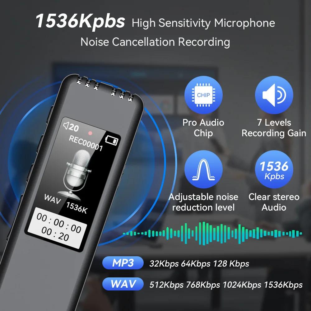 Digital Voice Recorder Pen Portable MP3 Player Audio Recorder With 1536Kbps Recording Work Interviews Max Support 128G TF Card