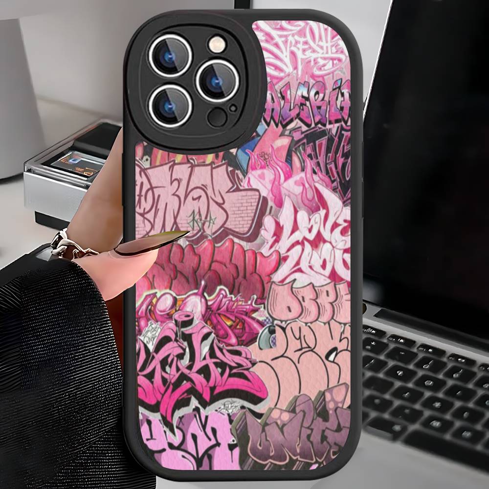 Coole Schwarze Graffiti Leder Handyhülle Für iPhone 16 15 14 17 Pro Max 11 12 Mini Plus Weiche Hülle