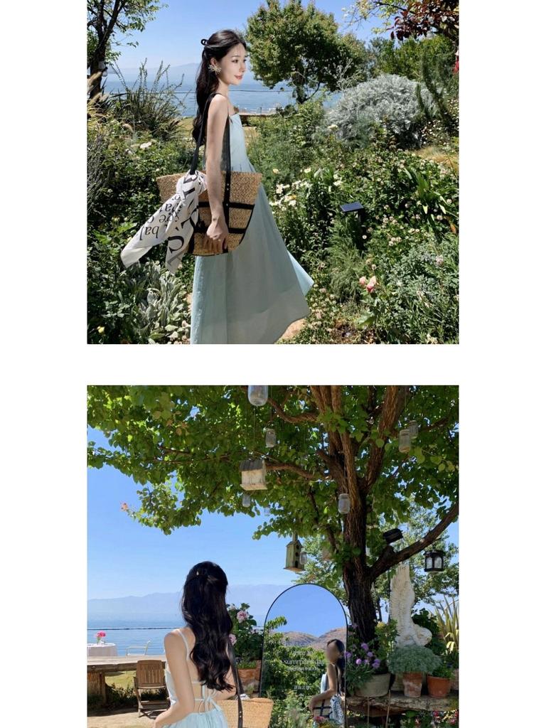 Elegant French-Style Sexy Backless Blue Spaghetti Strap A-line Beach Dress for Women