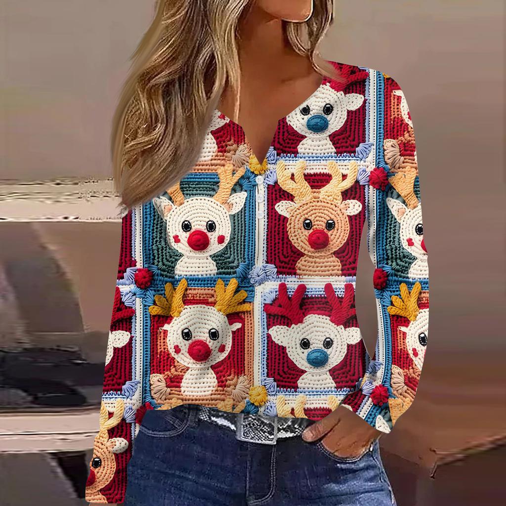 Women's Fashion Casual V-Neck Button-Up Long-Sleeve T-Shirt With Christmas Print Top