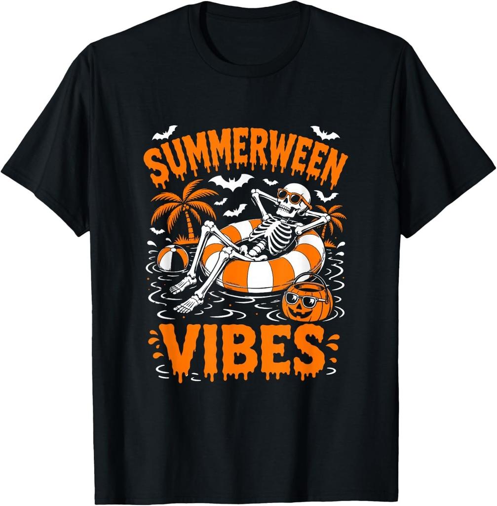 Summerween Vibes Skeleton Floating Pool Pumpkin Halloween T-Shirt