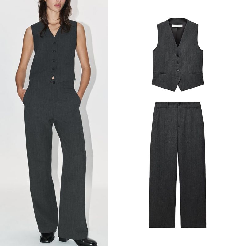 Spring New V-neck Sleeveless Vest Short Vest 9209807 High Waist Casual Straight Pants 9205807